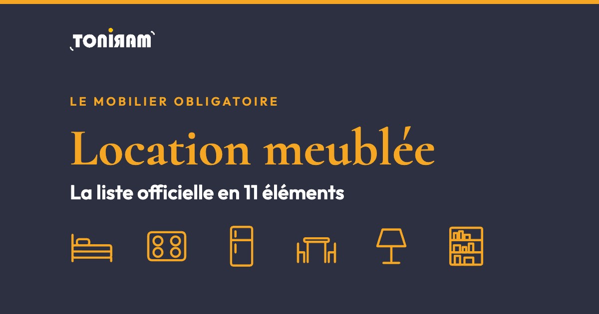 Location meublée : la liste officielle des 11 meubles obligatoires, illustrée de pictogrammes lit, plaques, réfrigérateur, table, lampe et étagères